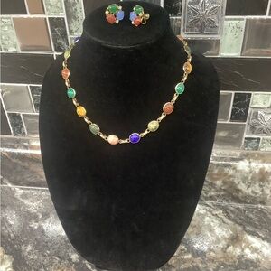 12k Gold field carved stone, scarab, colorful, Gemstone Necklace Earring Set
